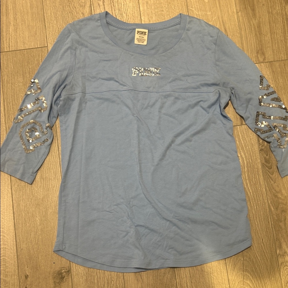 PINK Victoria's Secret Light Blue Sequin Sleeve Top